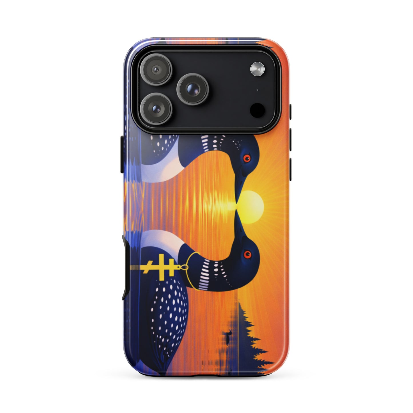 Phone case with a colorful design of two loons on a lake and sunrise background