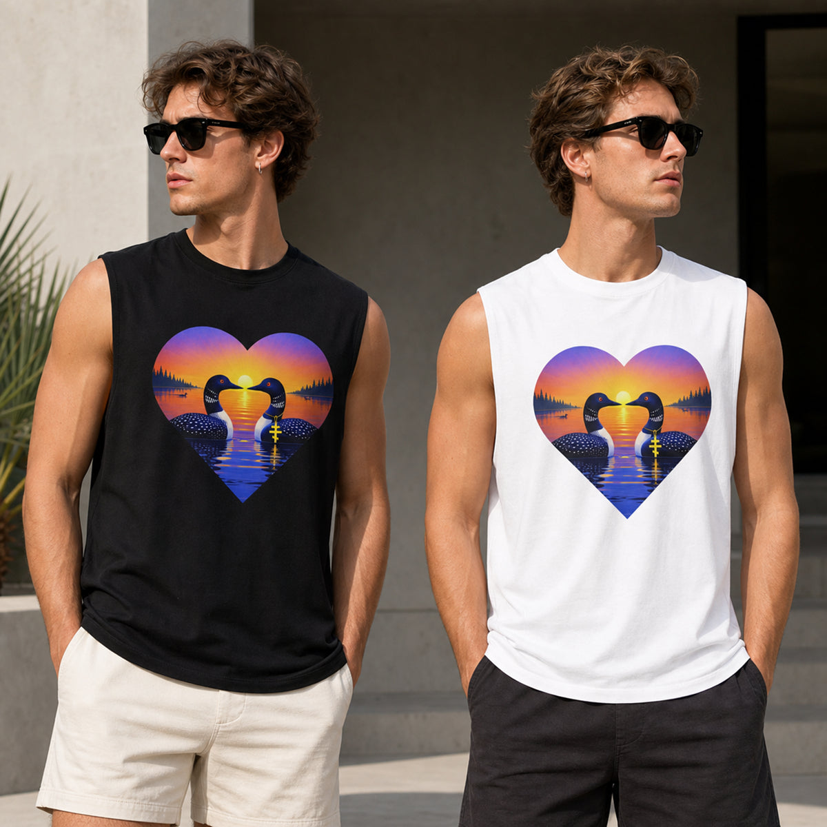Two men modeling sleeveless graphic tank tops outdoors. The man on the left wears a black tank top, and the man on the right wears a white tank top. Both have graphic of loons at sunrise.