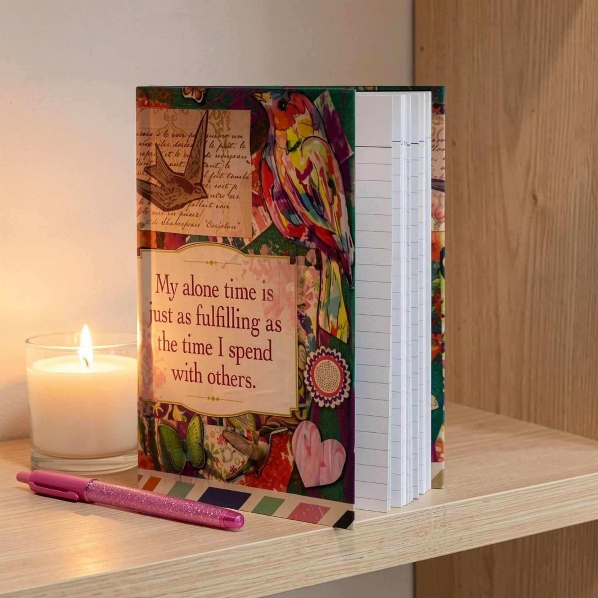 Image of the Affirmation Journal standing up on a shelf with the lined pages showing.