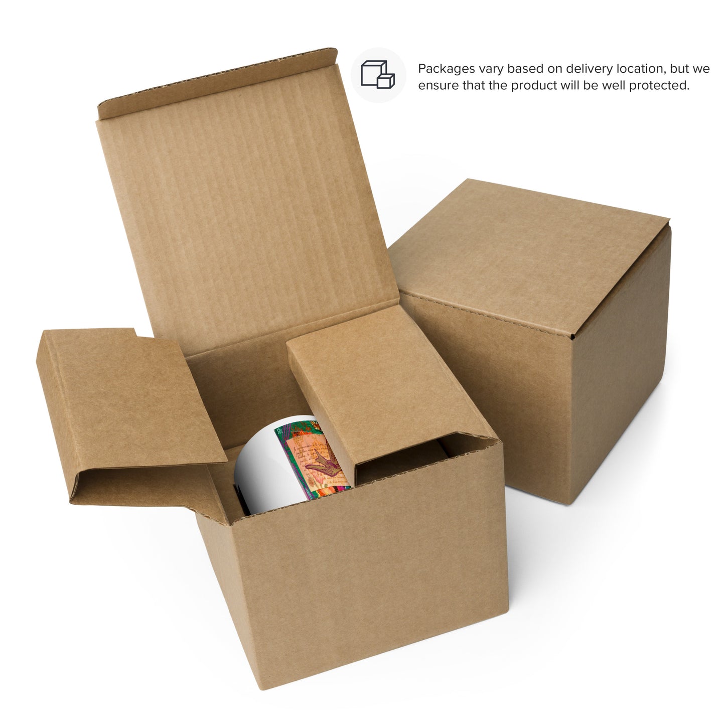Open cardboard box with a product inside on a white background, showing the protective packaging for the mug.