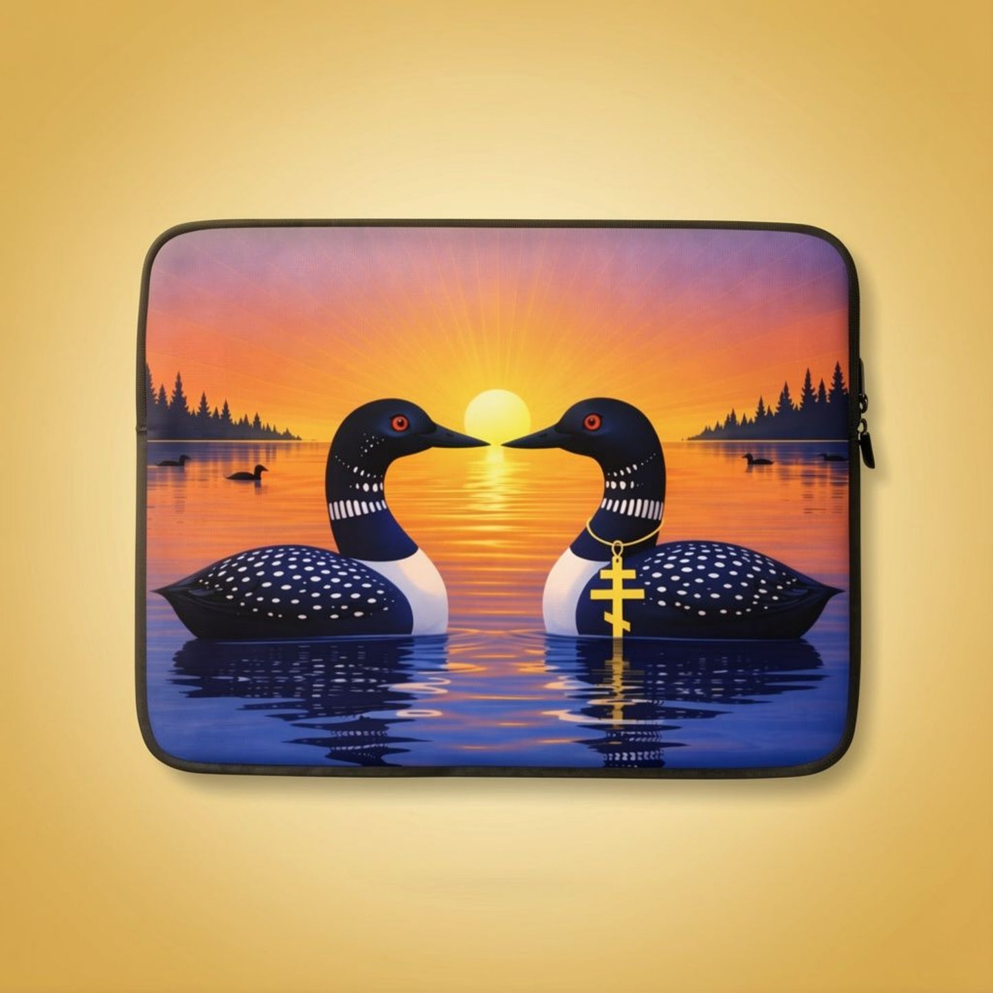 13 inch sunrise loons on the lake neoprene laptop sleeve with vibrant wildlife artwork