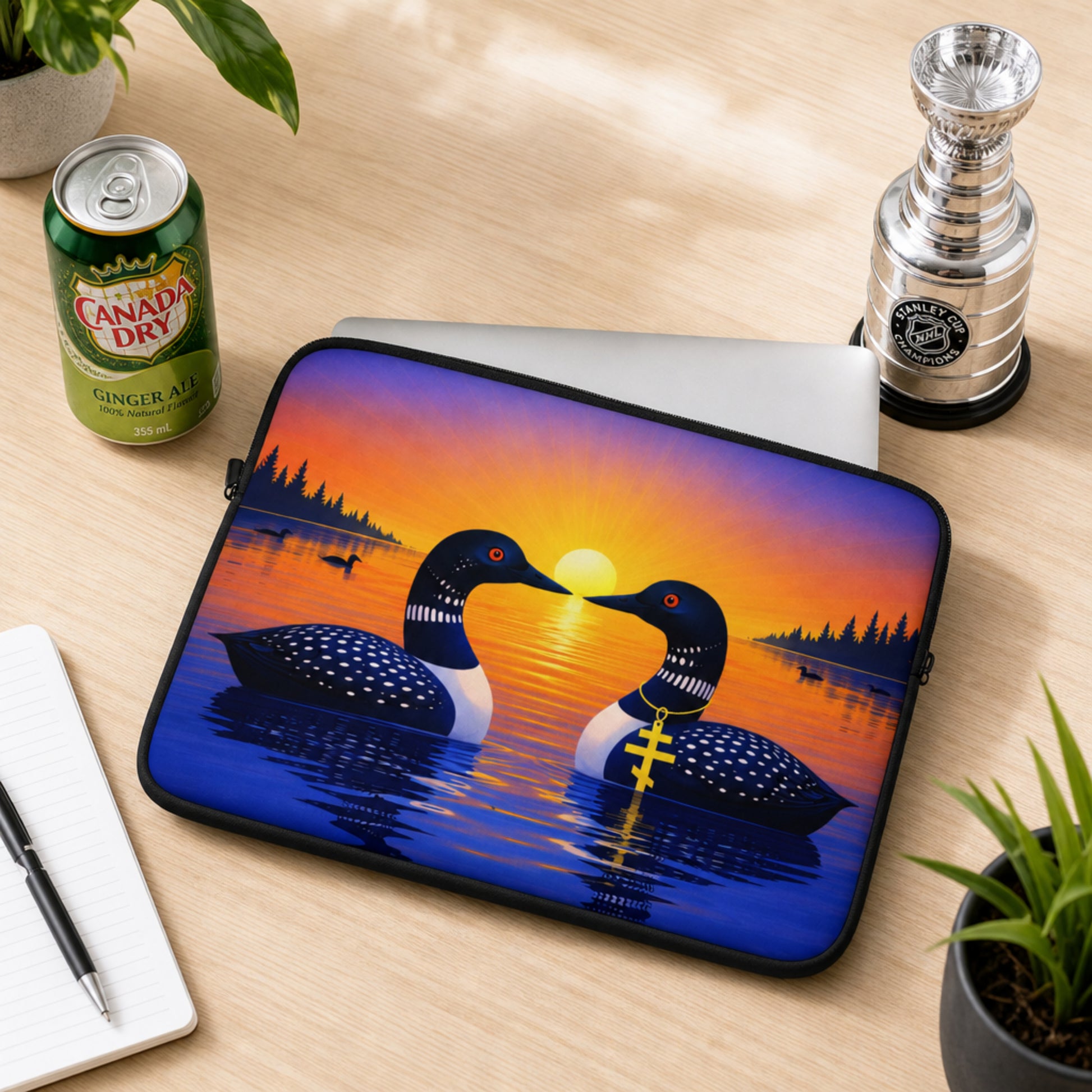 Laptop sleeve with sunrise loon design on a desk with a can of Canada Dry ginger ale and a Stanley Cup miniature trophy.