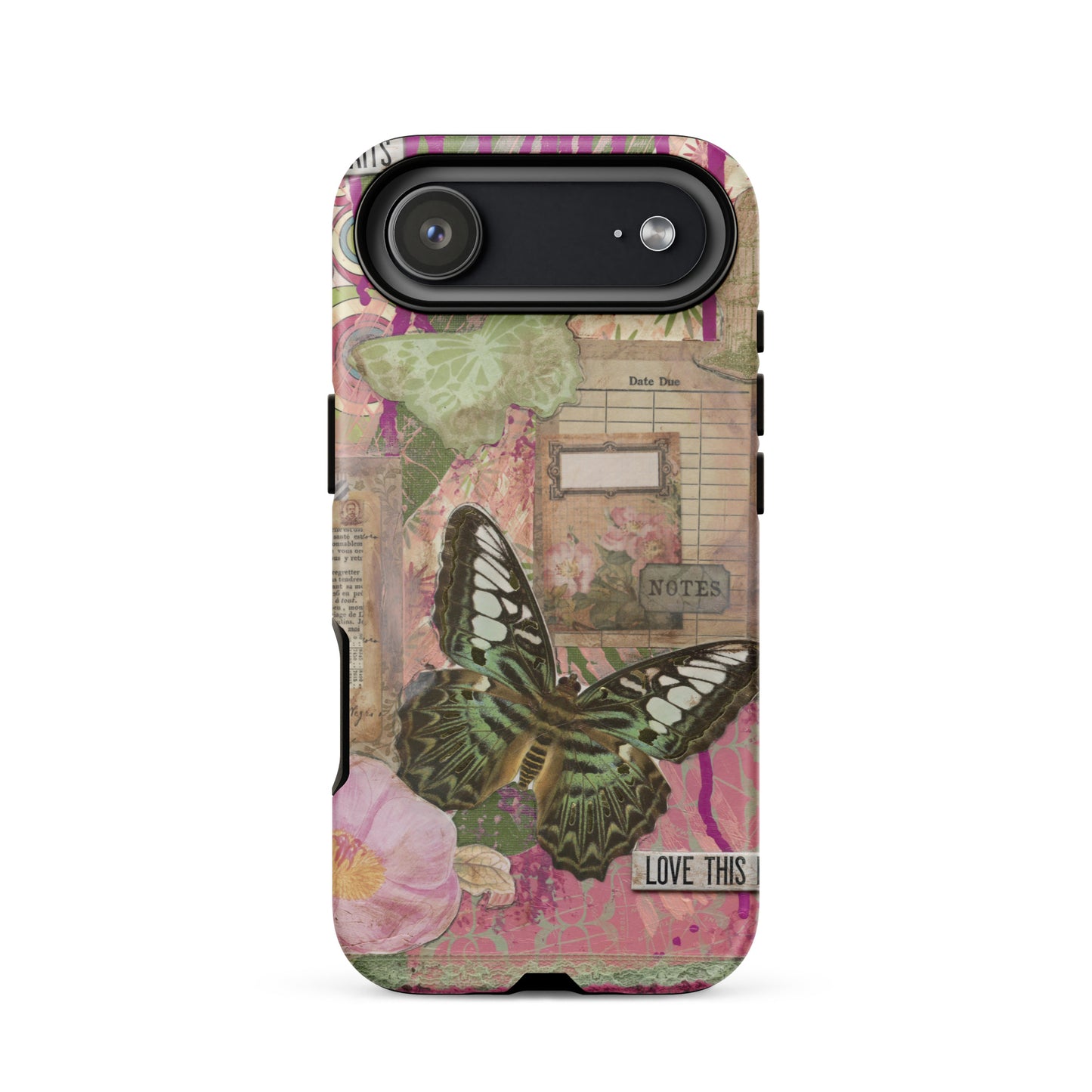 Front view of the pink floral butterfly iPhone case.