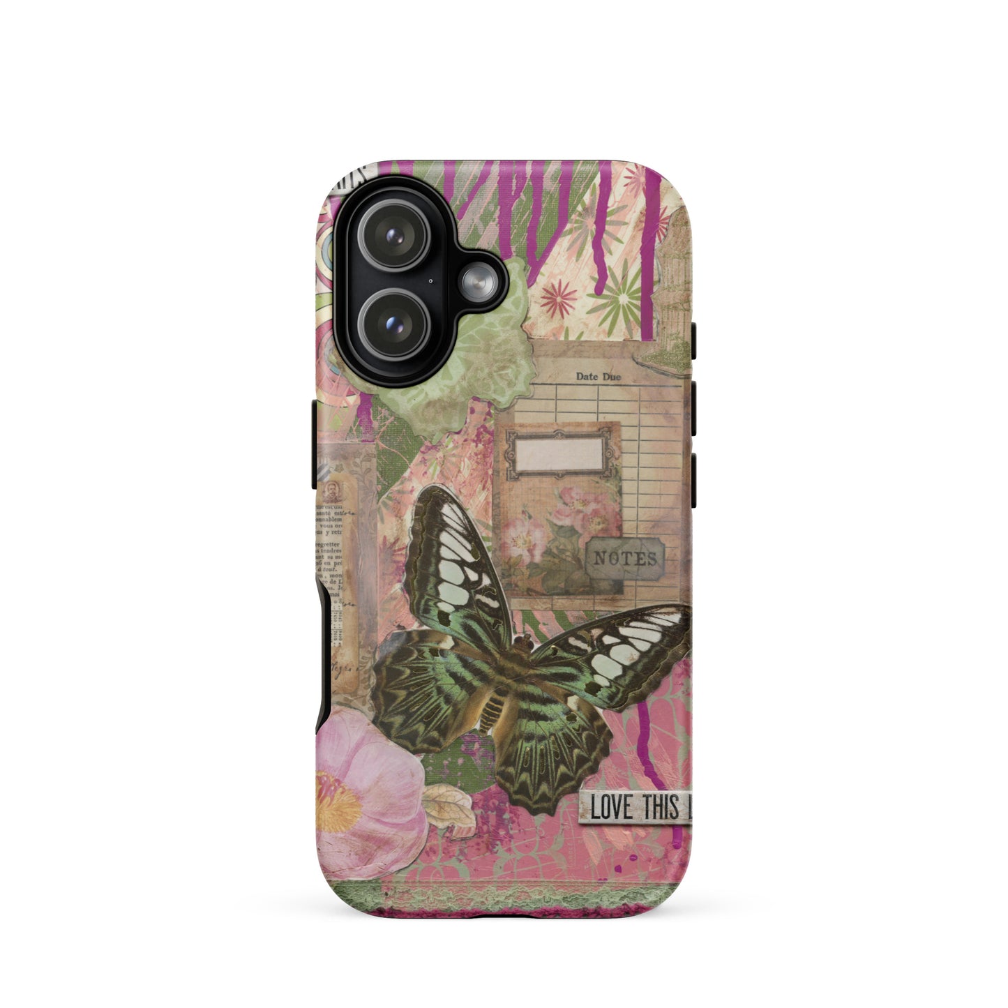 Front view of the pink floral butterfly iPhone case.