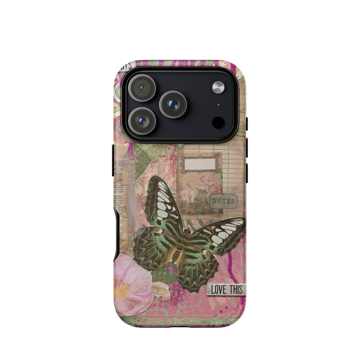 Front view of the pink floral butterfly iPhone case.