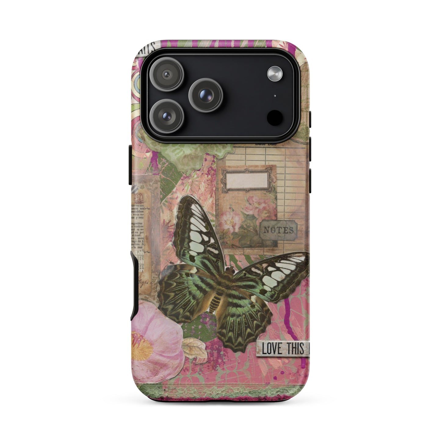 Front view of the pink floral butterfly iPhone case.