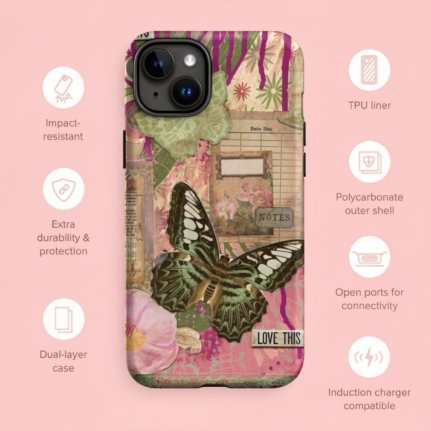 information about pink floral butterfly phone case with love this life quote and it's durability