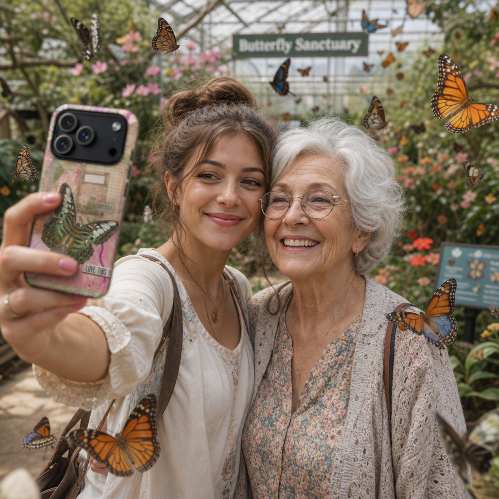 2 women stand in a butterfly sanctuary taking a selfie with the pink floral butterfly phone case with love this life quote.
