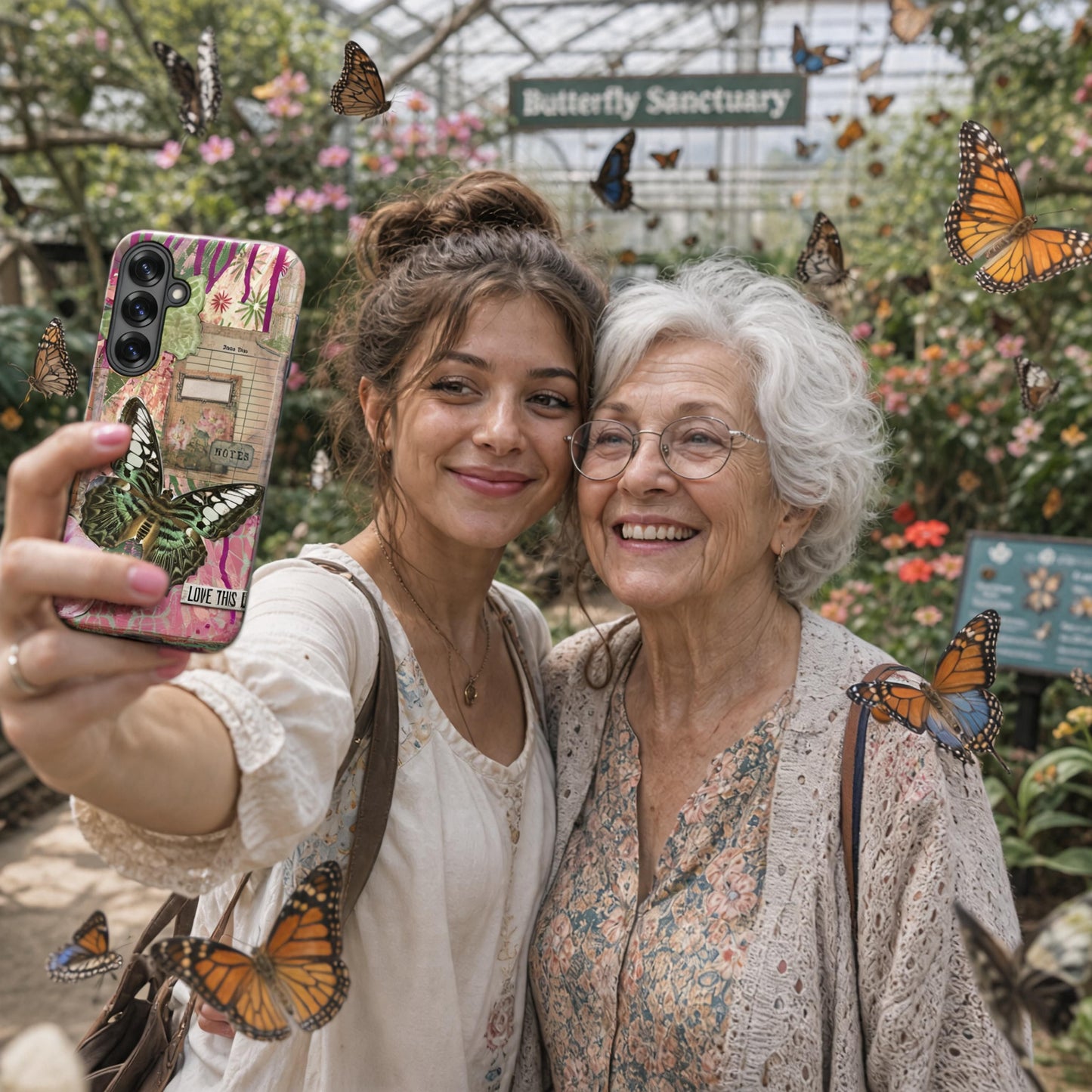 two women taking a selfie with the pink floral butterfly Samsung case love this life quote at a butterfly sanctuary.