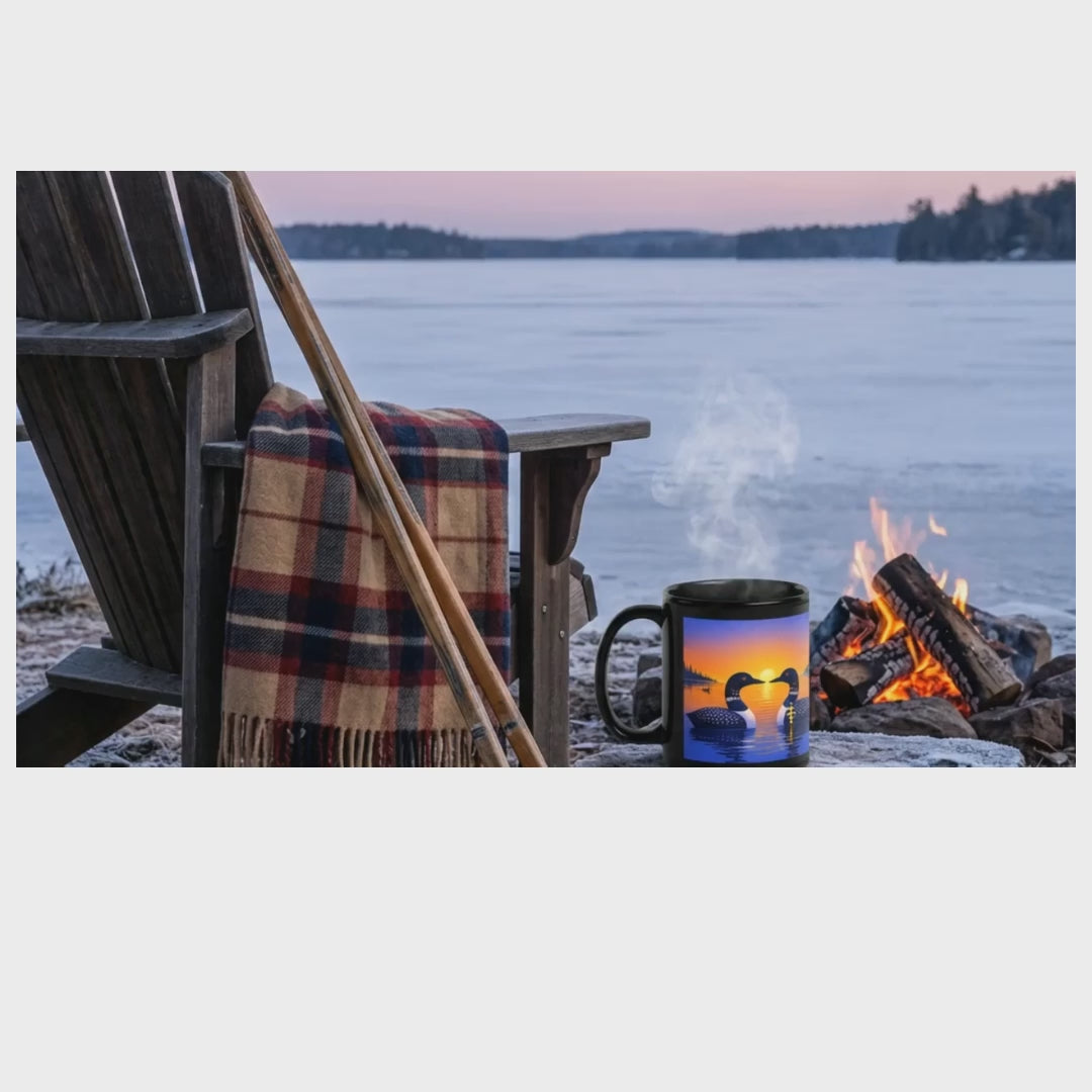 a video of moving closer to the loon sunrise designed mug which sits on a rock with a lake in background.