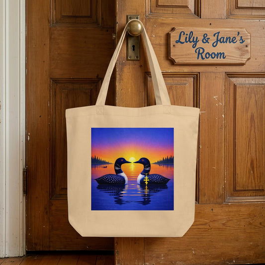 Natural colored tote bag  hanging on door knob. Bag has a colorful design of two loons facing each other on lake at sunrise.