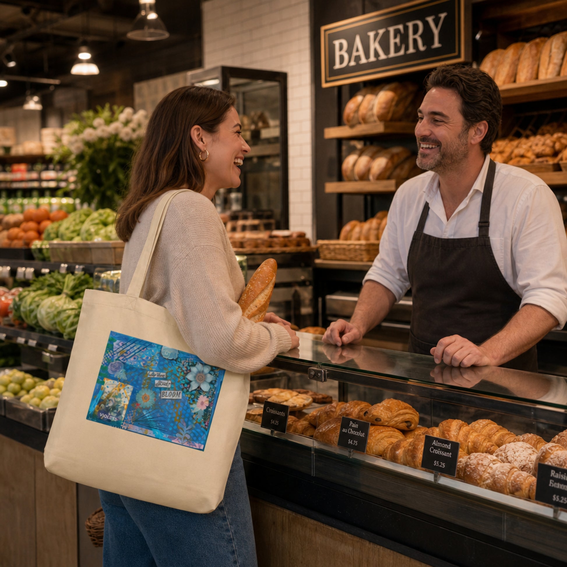 A customer and bakery employee interacting at a bakery counter, an the woman has the purple floral eco tote bag on her shoulder.