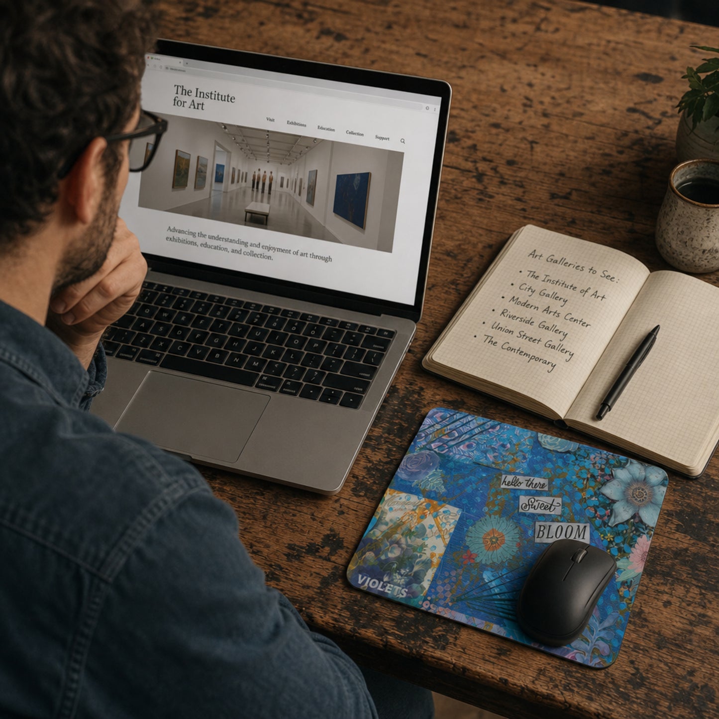 Person using a laptop on a wooden desk with a notebook and mouse, with the Hello There Sweet Bloom purple floral mouse pad .