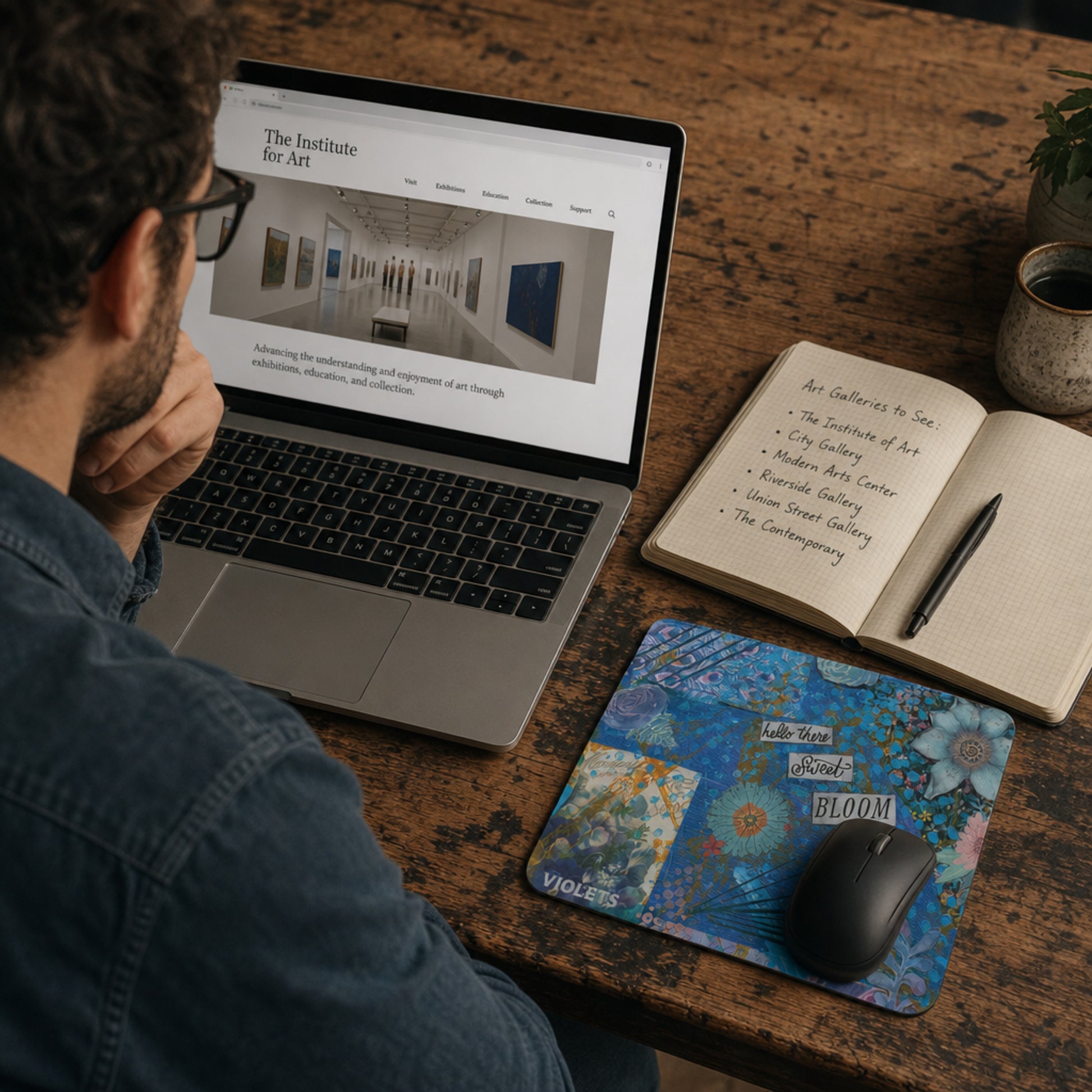 Person using a laptop on a wooden desk with a notebook and mouse, with the Hello There Sweet Bloom purple floral mouse pad .