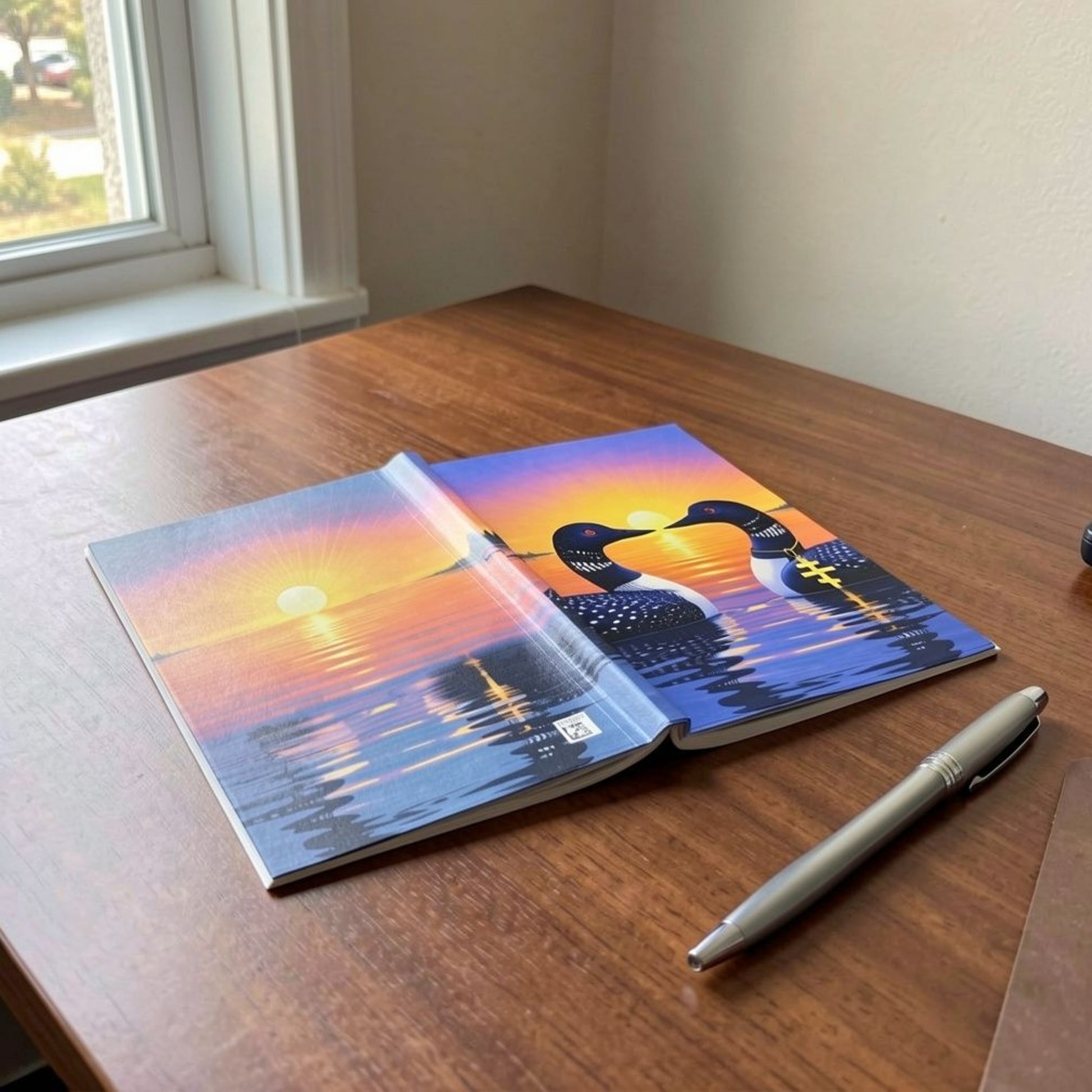 Open notebook with a scenic cover on a wooden table next to a pen, near a window.