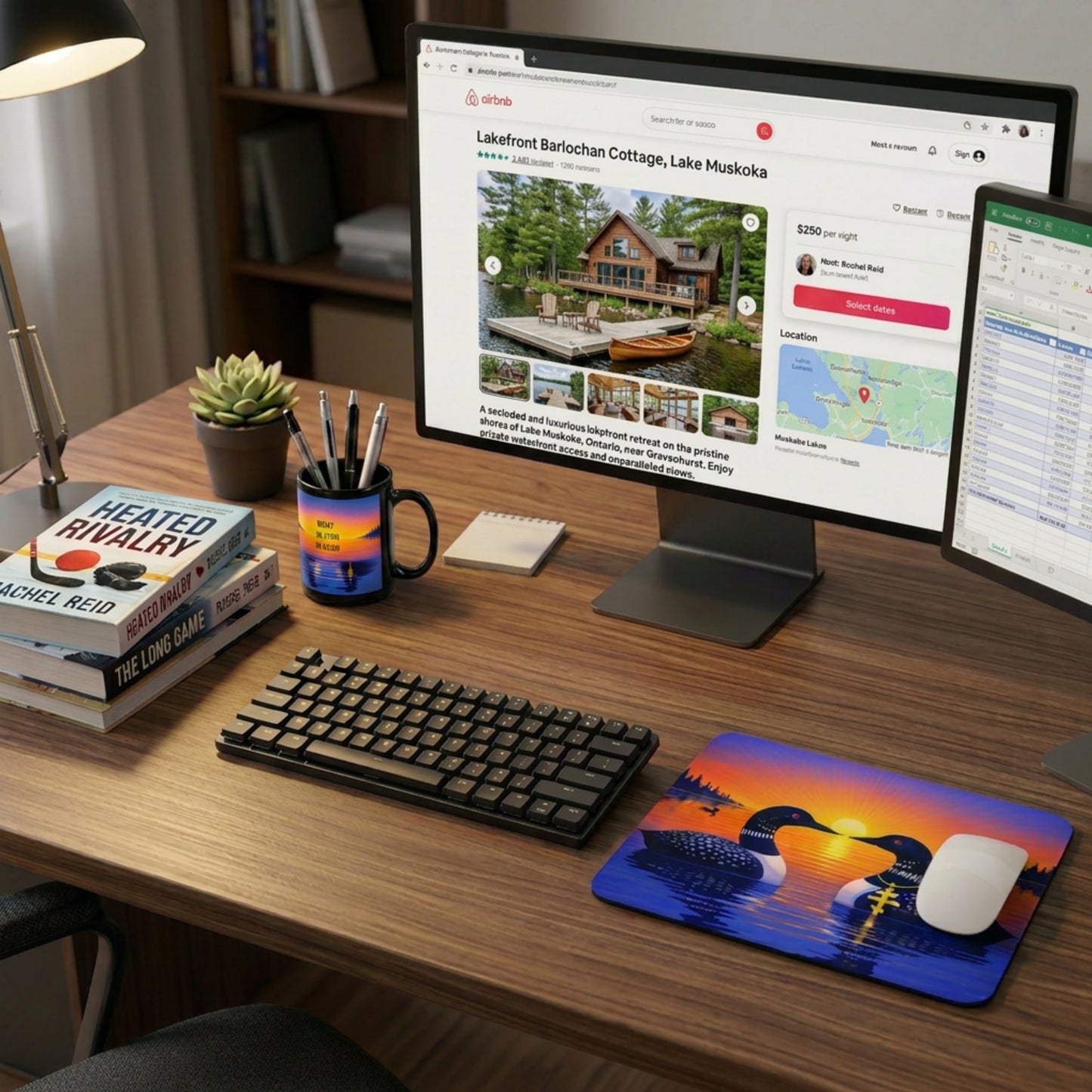 Home office desk setup with computer monitor, keyboard, sunrise loon mouse pad, a mouse, and decor items.