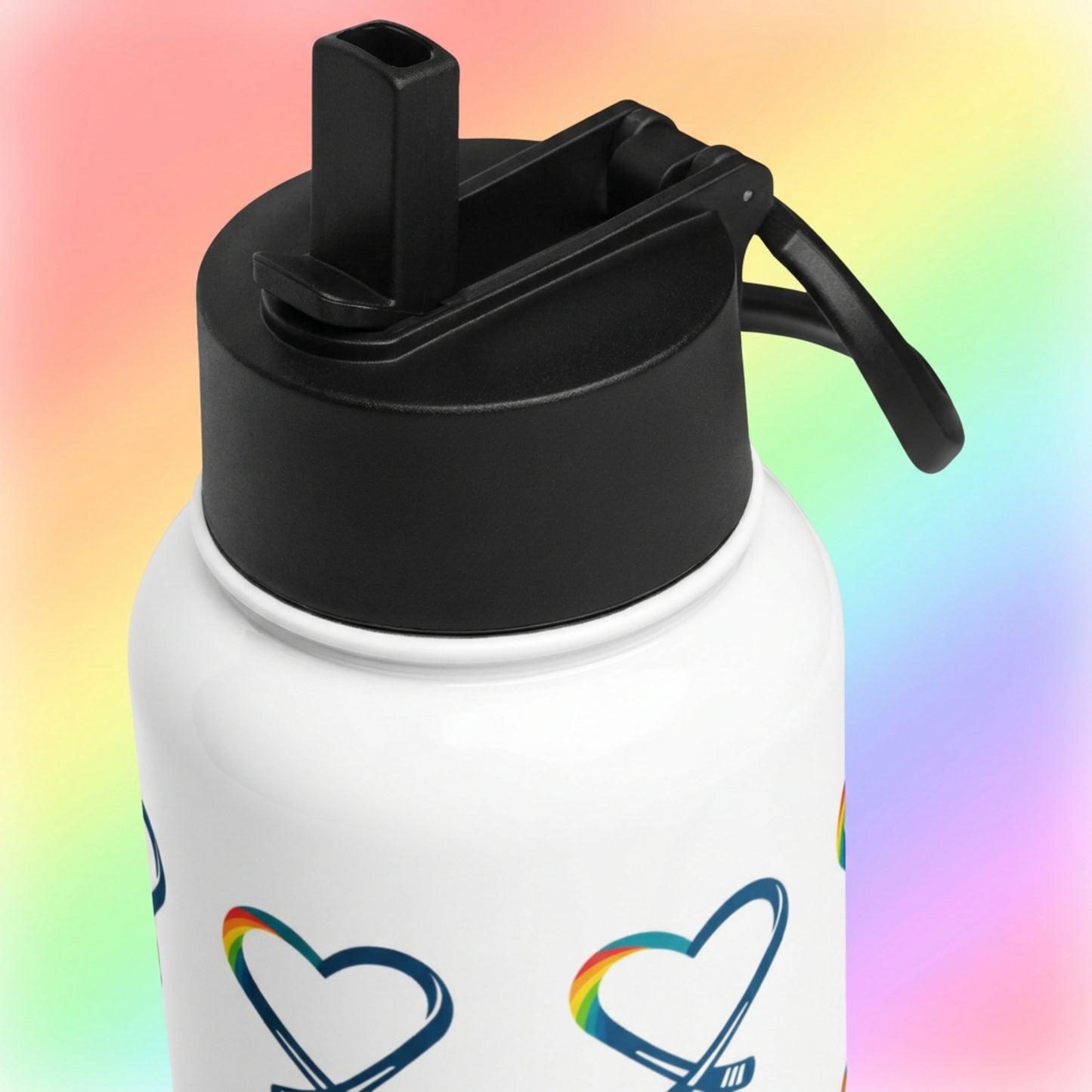White water bottle with black lid and rainbow hearts on a colorful gradient background