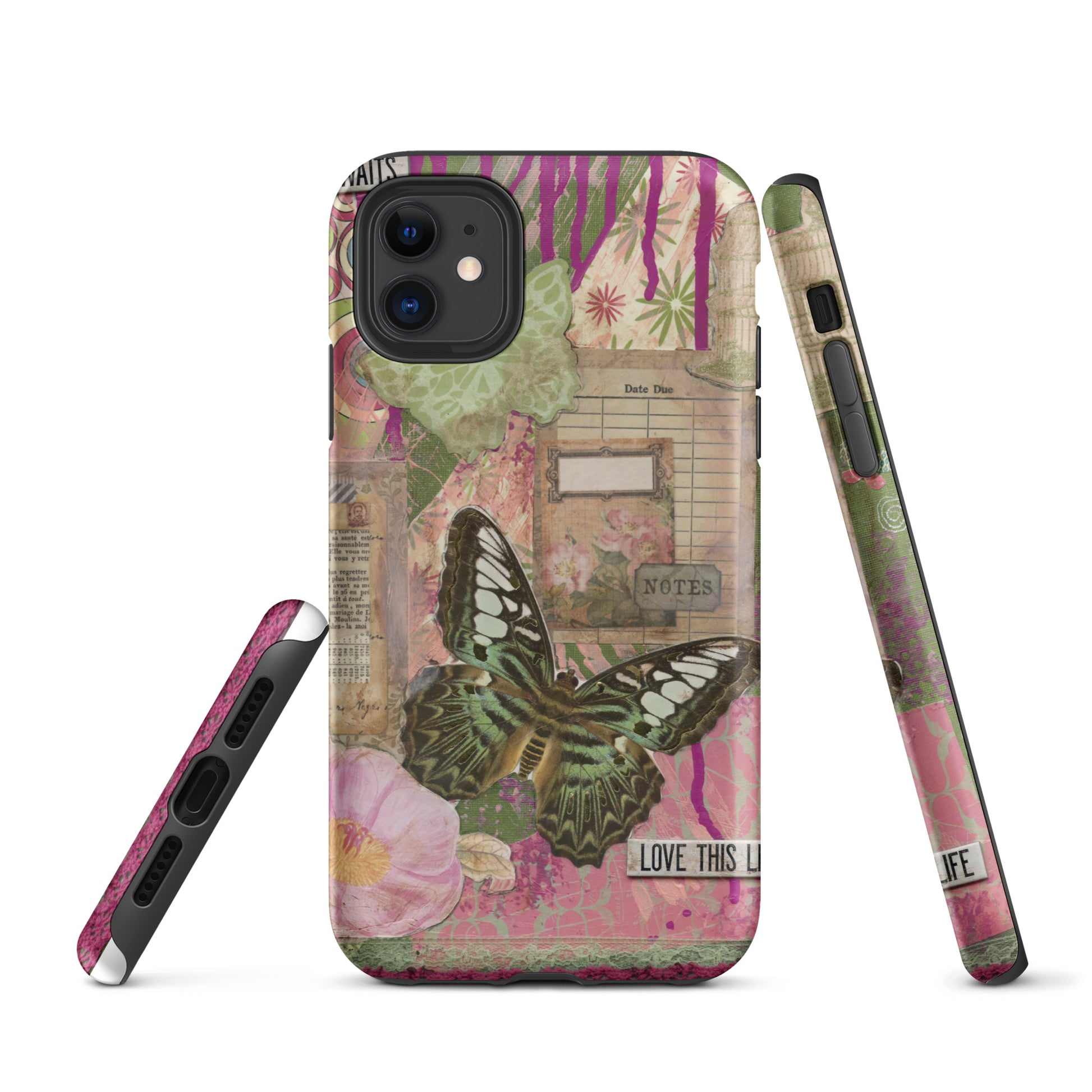 front, side and bottom view of pink floral butterfly phone case with love this life quote