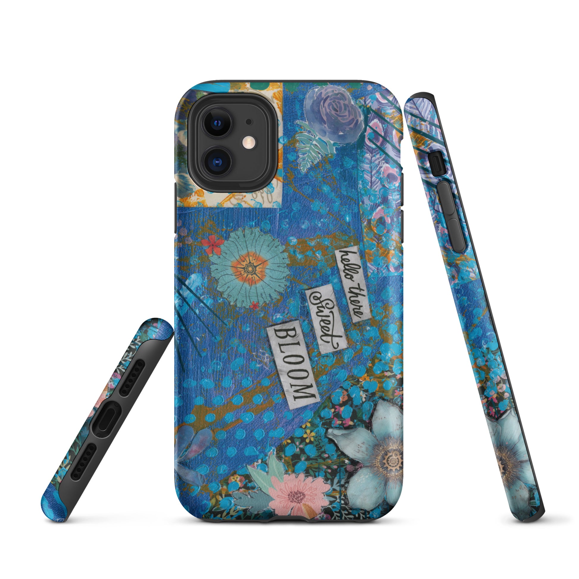 A front, side and bottom image of the blue floral phone case with hello there sweet bloom quote.
