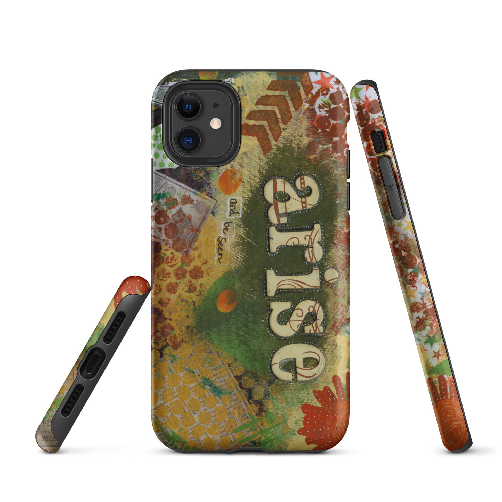 Image of the front, side & bottom views of the Arise and Be Seen artistic phone case.