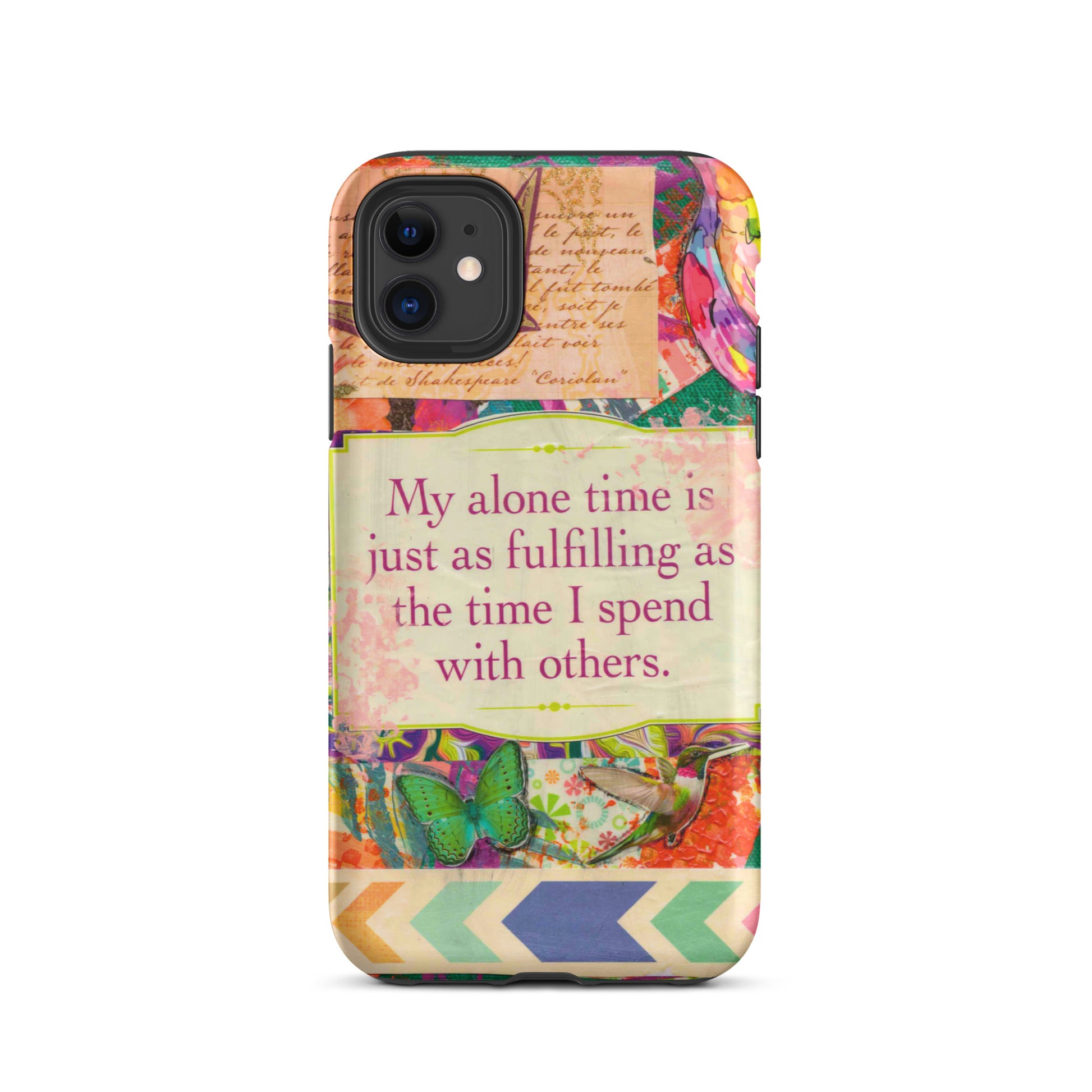 Phone case with colorful design and motivational quote on a white background