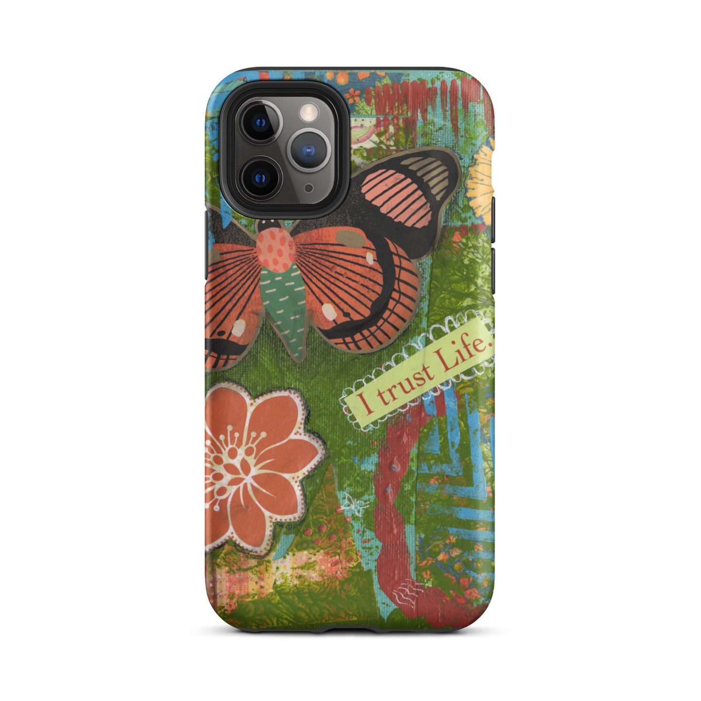 artistic butterfly phone case with orange flower and yellow flower
and words " I Trust Life" on the iPhone case.