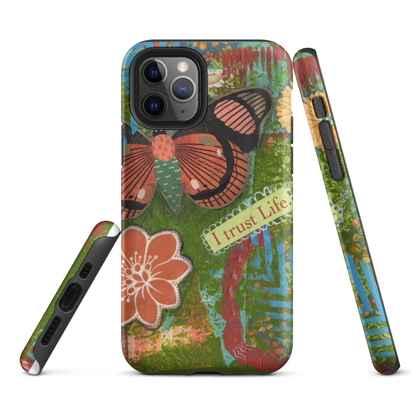  front,side and bottom view of artistic butterfly phone case with orange flower and yellow flower and words " I Trust Life".