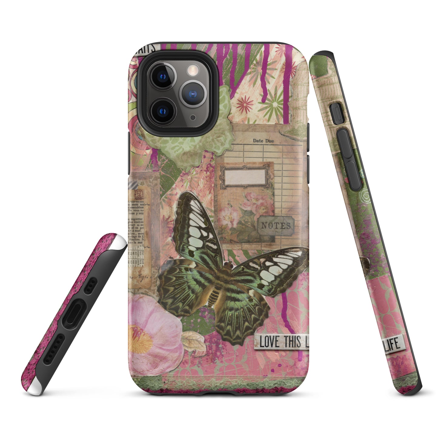 front, side and bottom view of pink floral butterfly phone case with love this life quote
