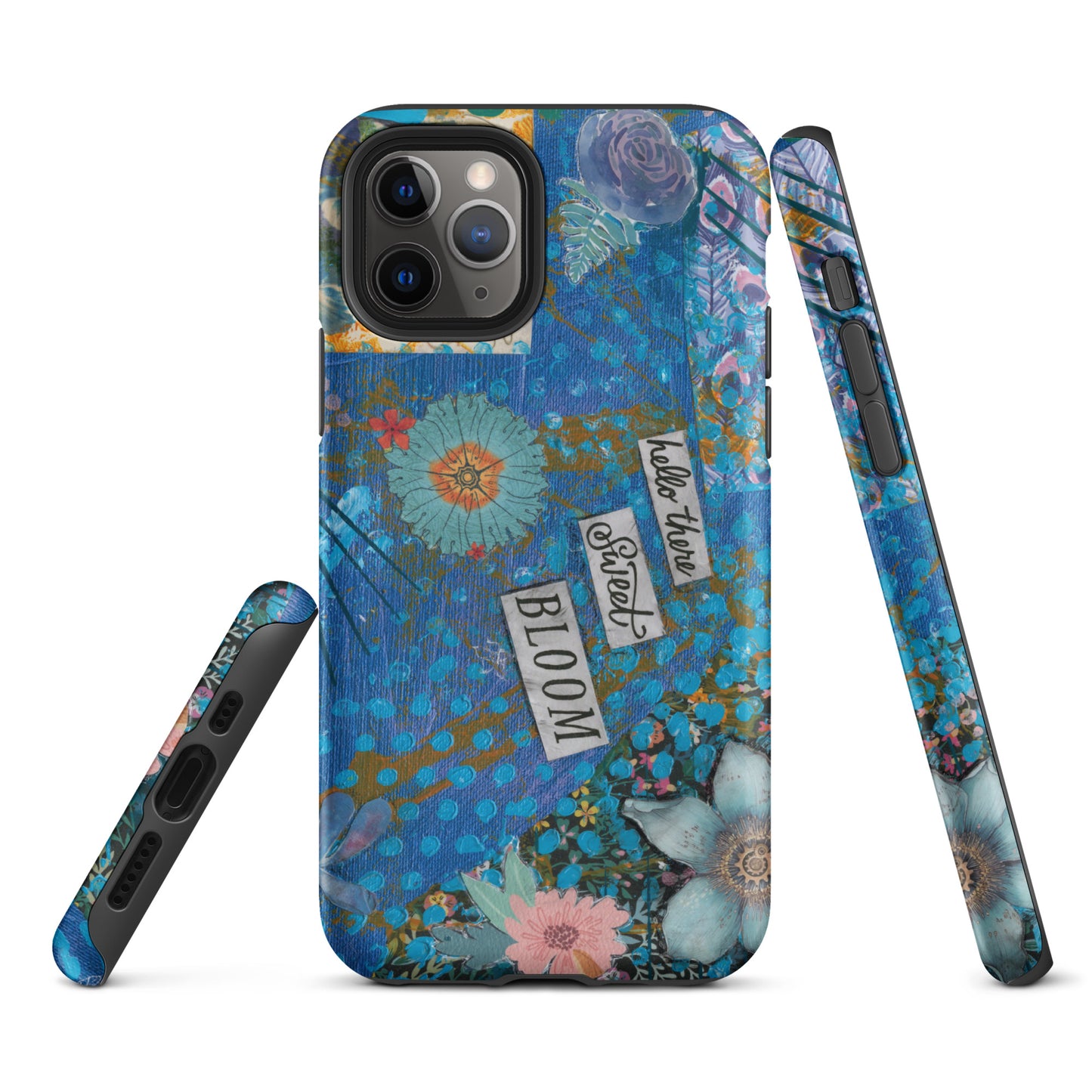 A front, side and bottom image of the blue floral phone case with hello there sweet bloom quote.
