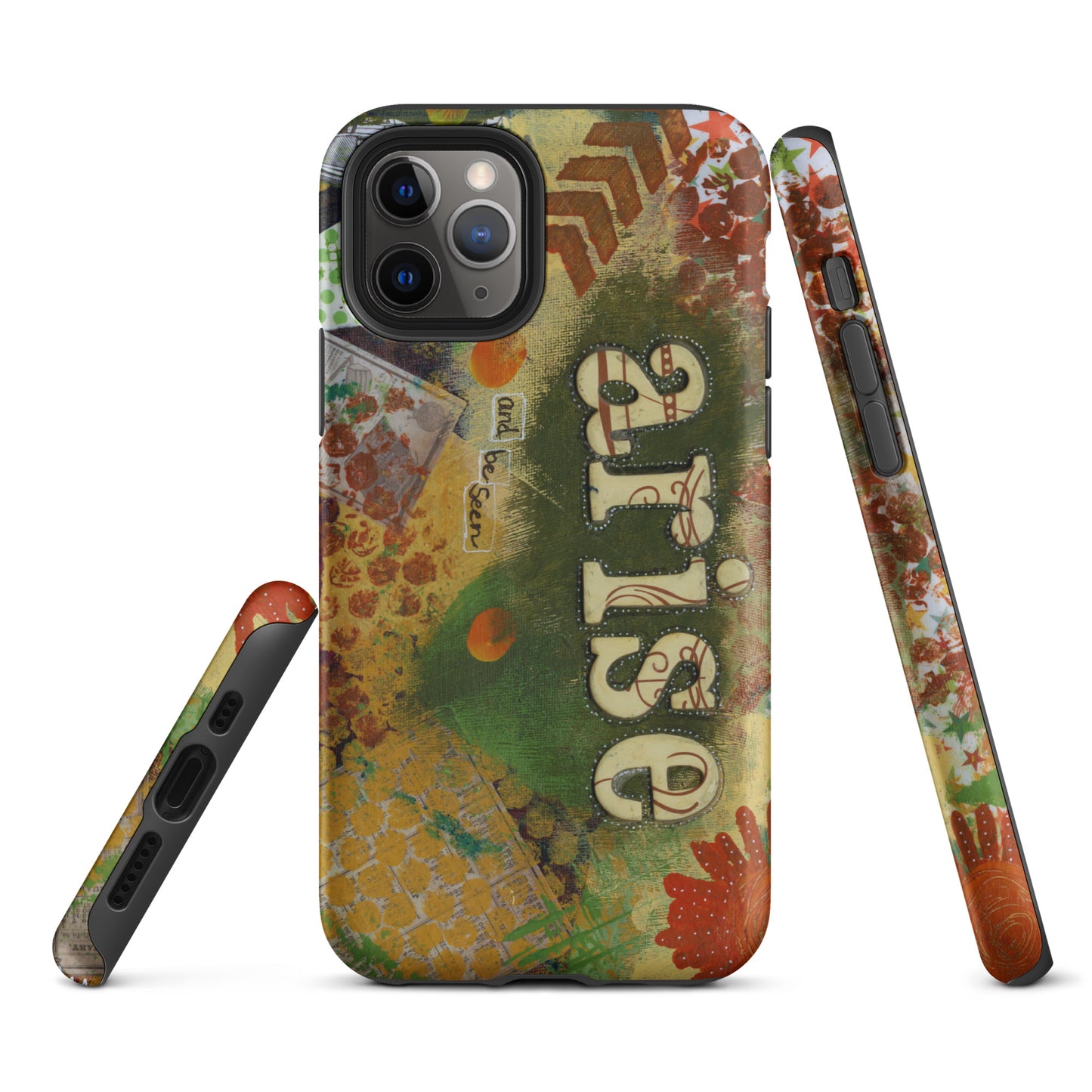 Image of the front, side & bottom views of the Arise and Be Seen artistic phone case.