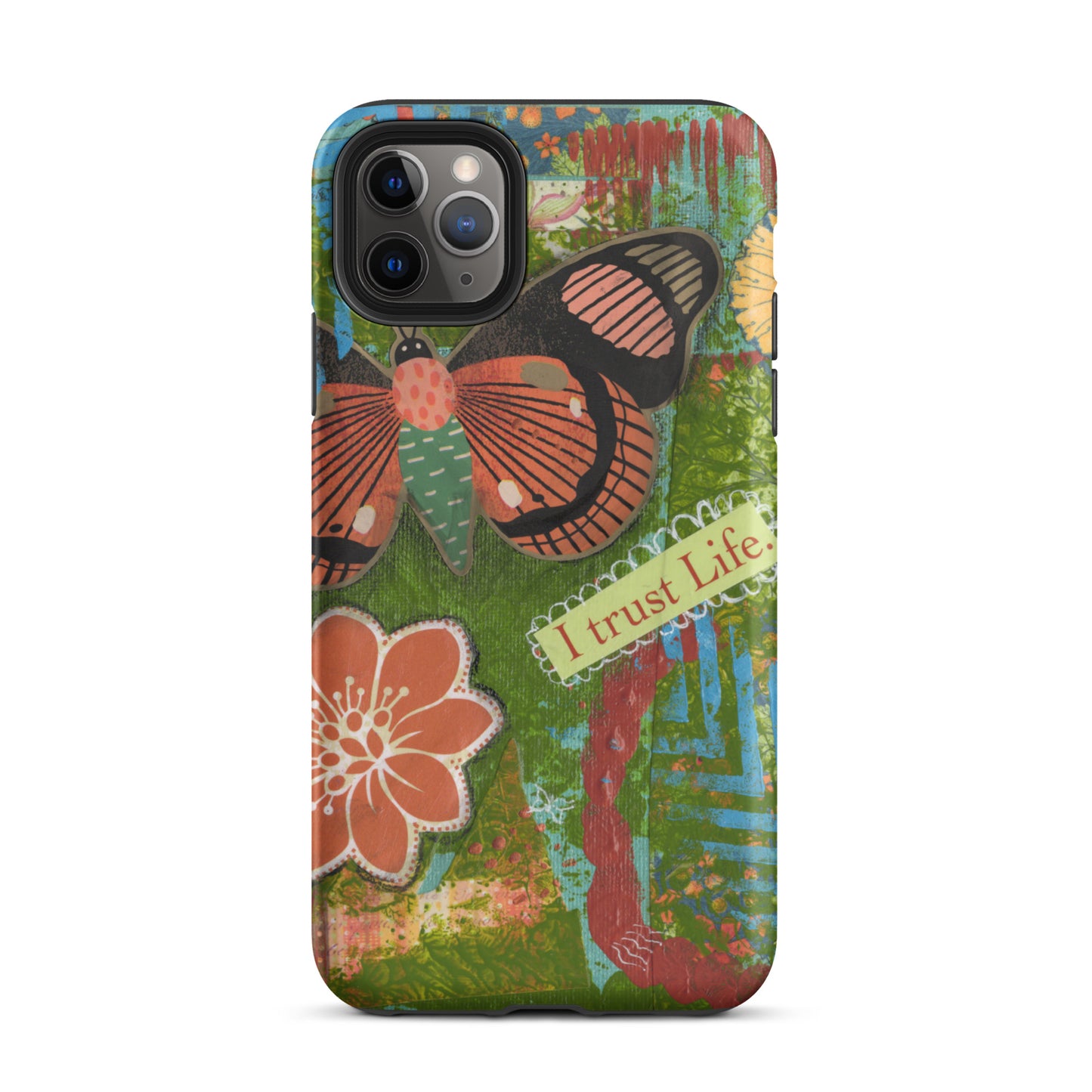 artistic butterfly phone case with orange flower and yellow flower
and words " I Trust Life" on the iPhone case.