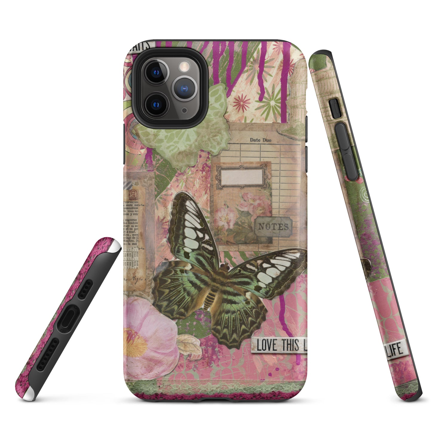 front, side and bottom view of pink floral butterfly phone case with love this life quote