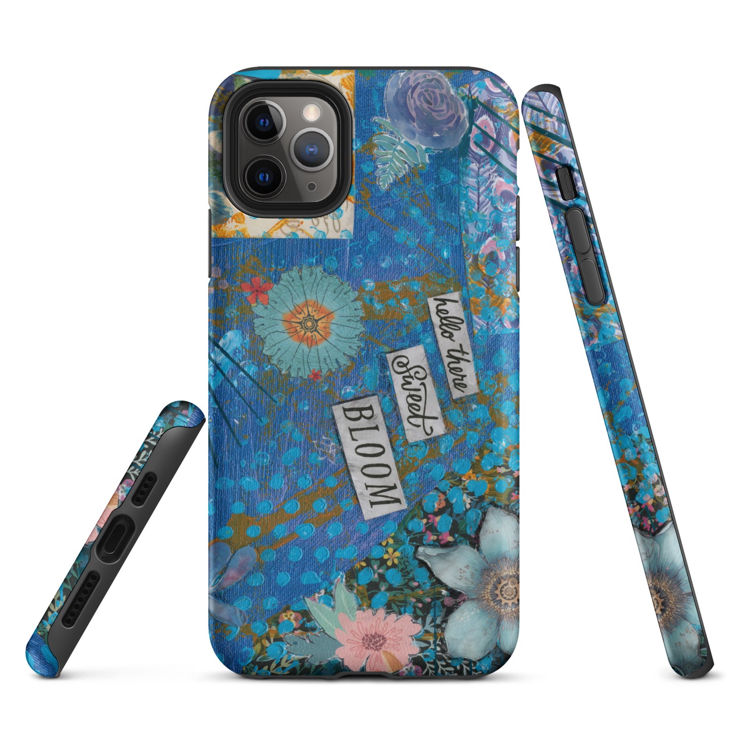 A front, side and bottom image of the blue floral phone case with hello there sweet bloom quote.
