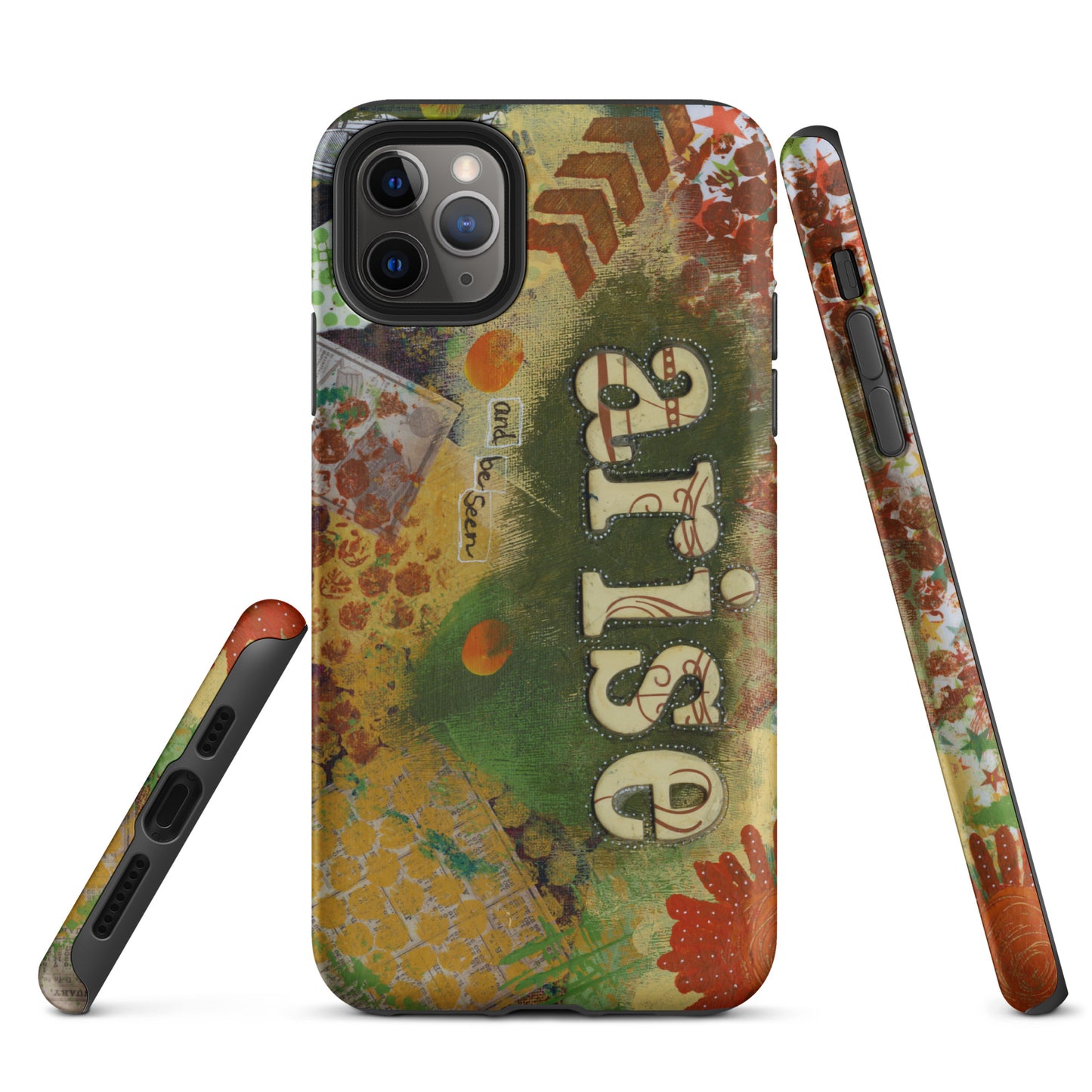 Image of the front, side & bottom views of the Arise and Be Seen artistic phone case.