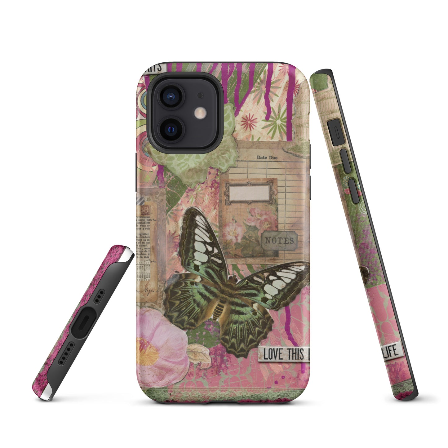 front, side and bottom view of pink floral butterfly phone case with love this life quote
