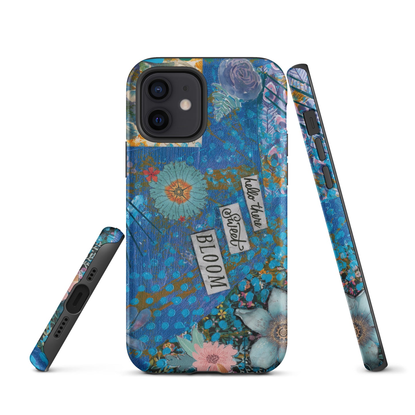 A front, side and bottom image of the blue floral phone case with hello there sweet bloom quote.
 