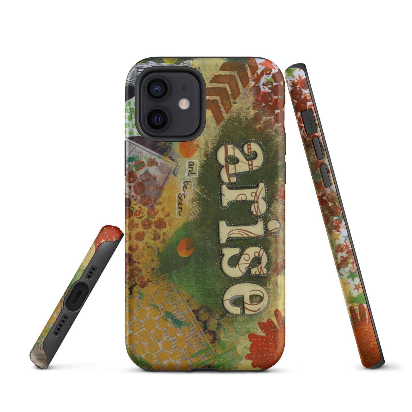 Image of the front, side & bottom views of the Arise and Be Seen artistic phone case.