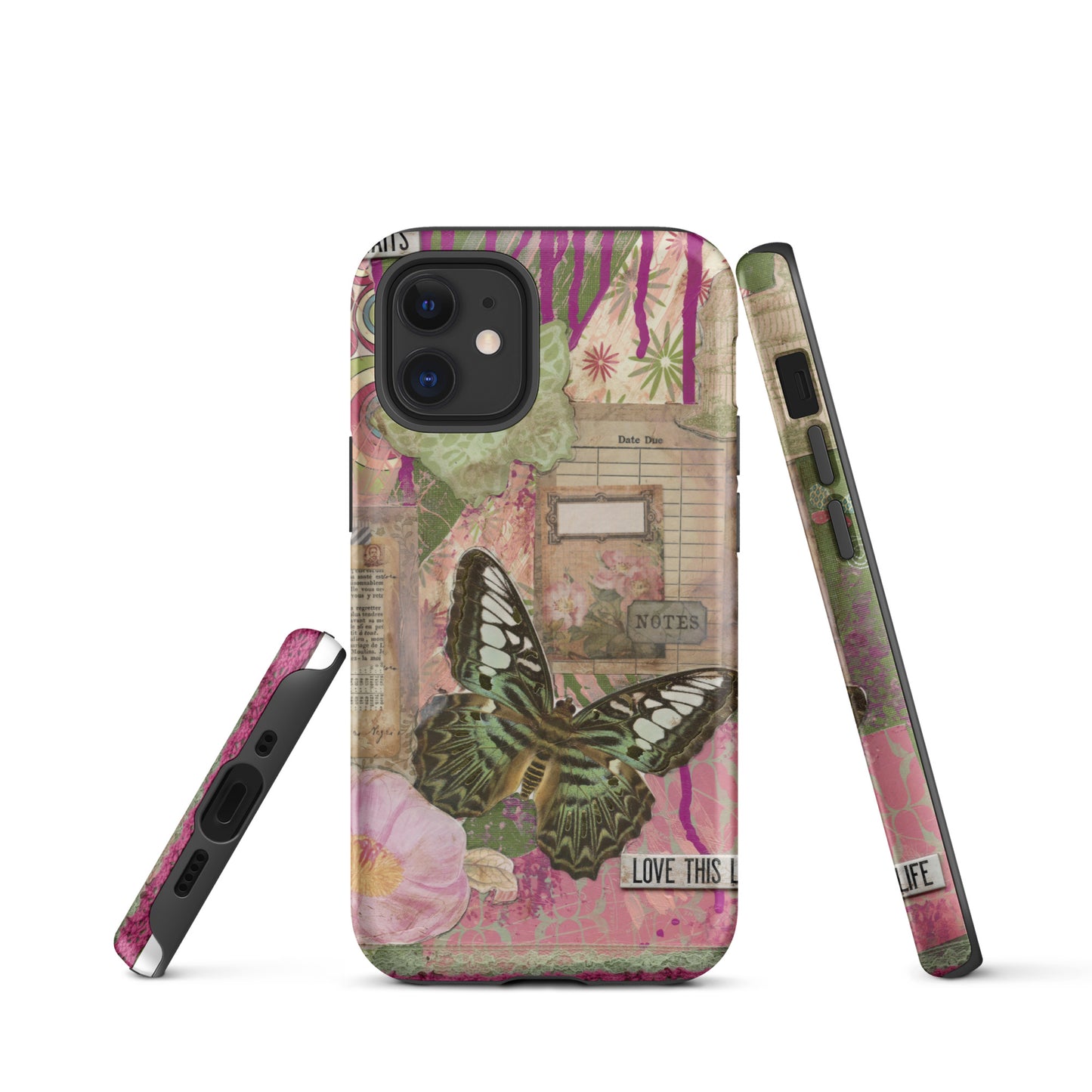 front, side and bottom view of pink floral butterfly phone case with love this life quote