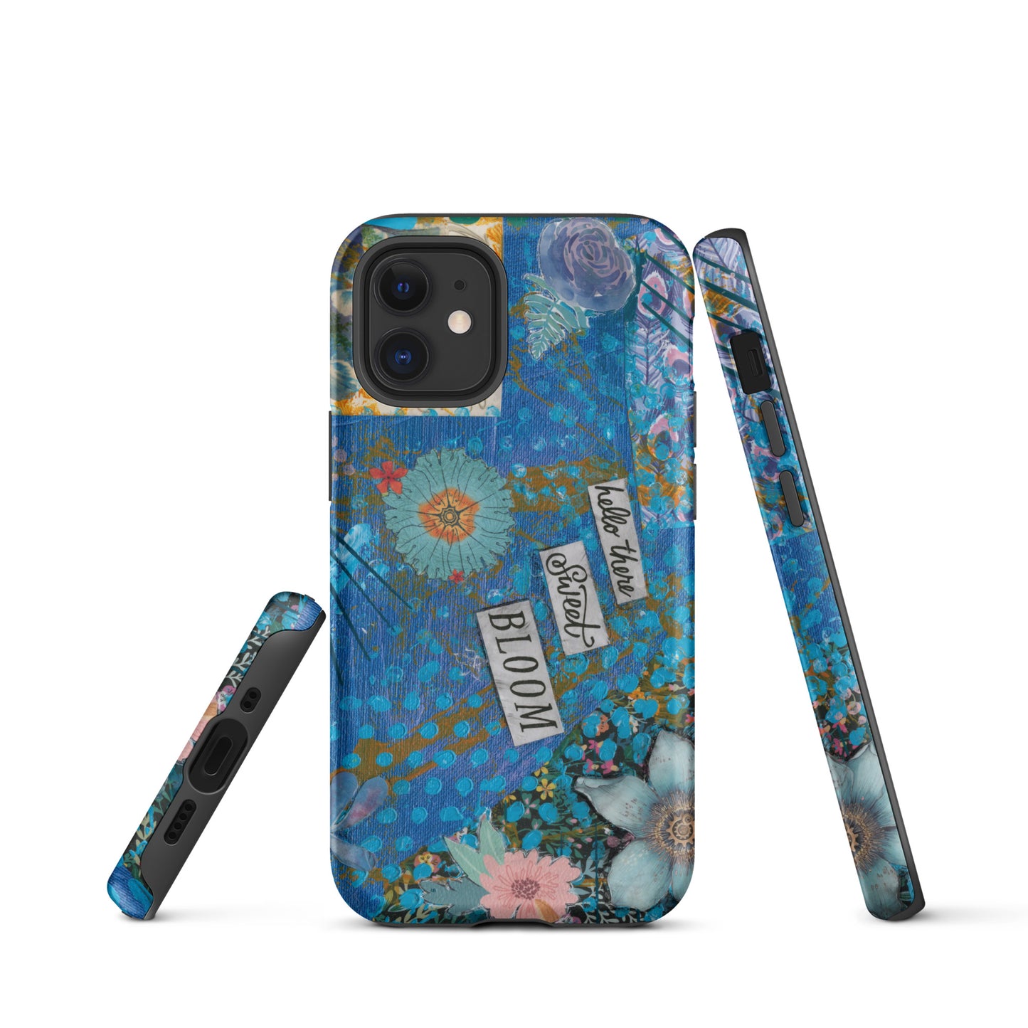A front, side and bottom image of the blue floral phone case with hello there sweet bloom quote.
 