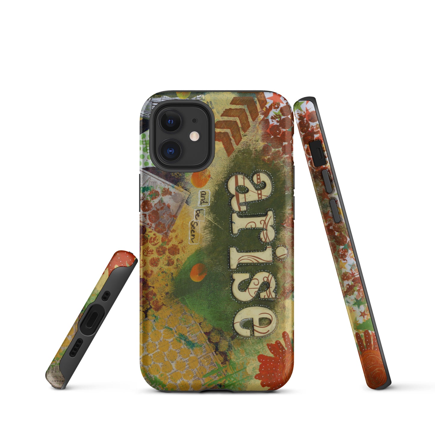 Image of the front, side & bottom views of the Arise and Be Seen artistic phone case.