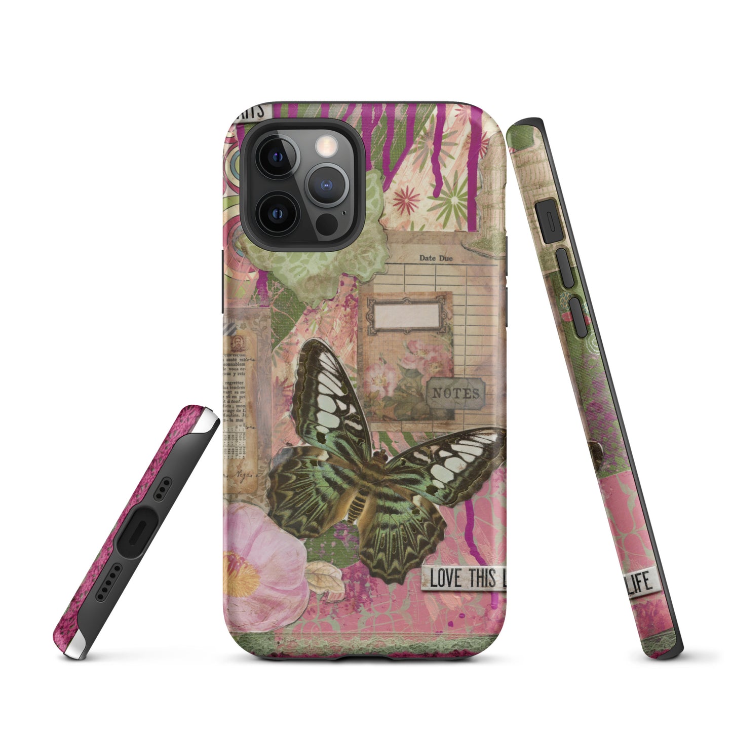 front, side and bottom view of pink floral butterfly phone case with love this life quote