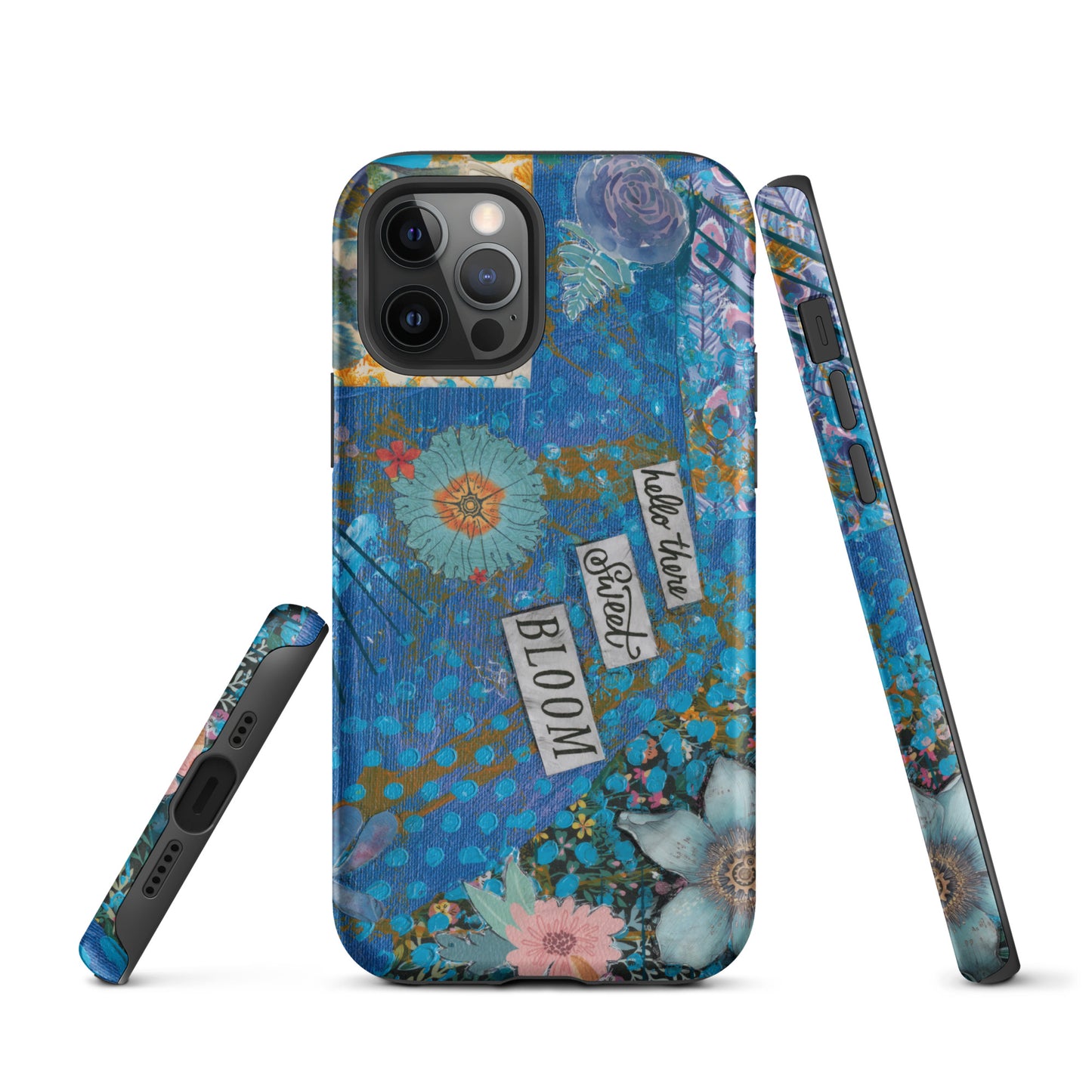 A front, side and bottom image of the blue floral phone case with hello there sweet bloom quote.
 