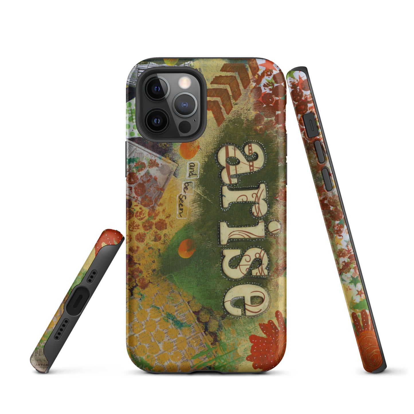 Image of the front, side & bottom views of the Arise and Be Seen artistic phone case.