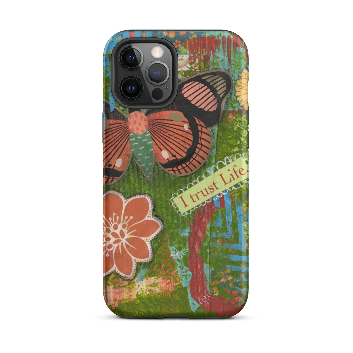 artistic butterfly phone case with orange flower and yellow flower
and words " I Trust Life" on the iPhone case.