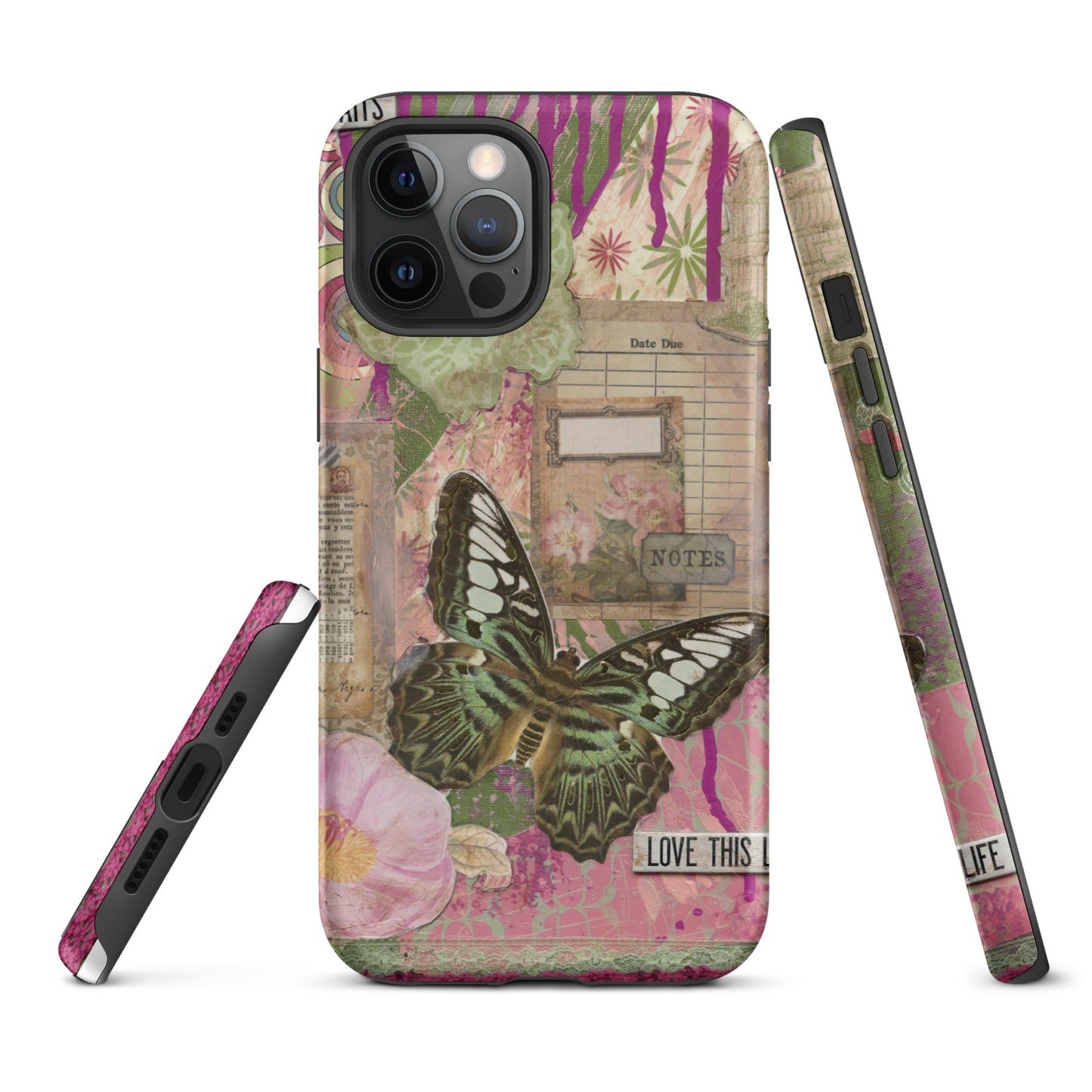 front, side and bottom view of pink floral butterfly phone case with love this life quote