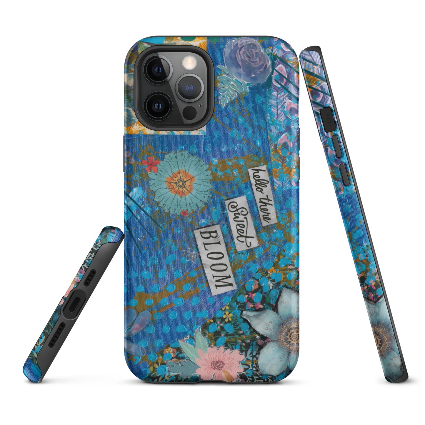 A front, side and bottom image of the blue floral phone case with hello there sweet bloom quote.
 