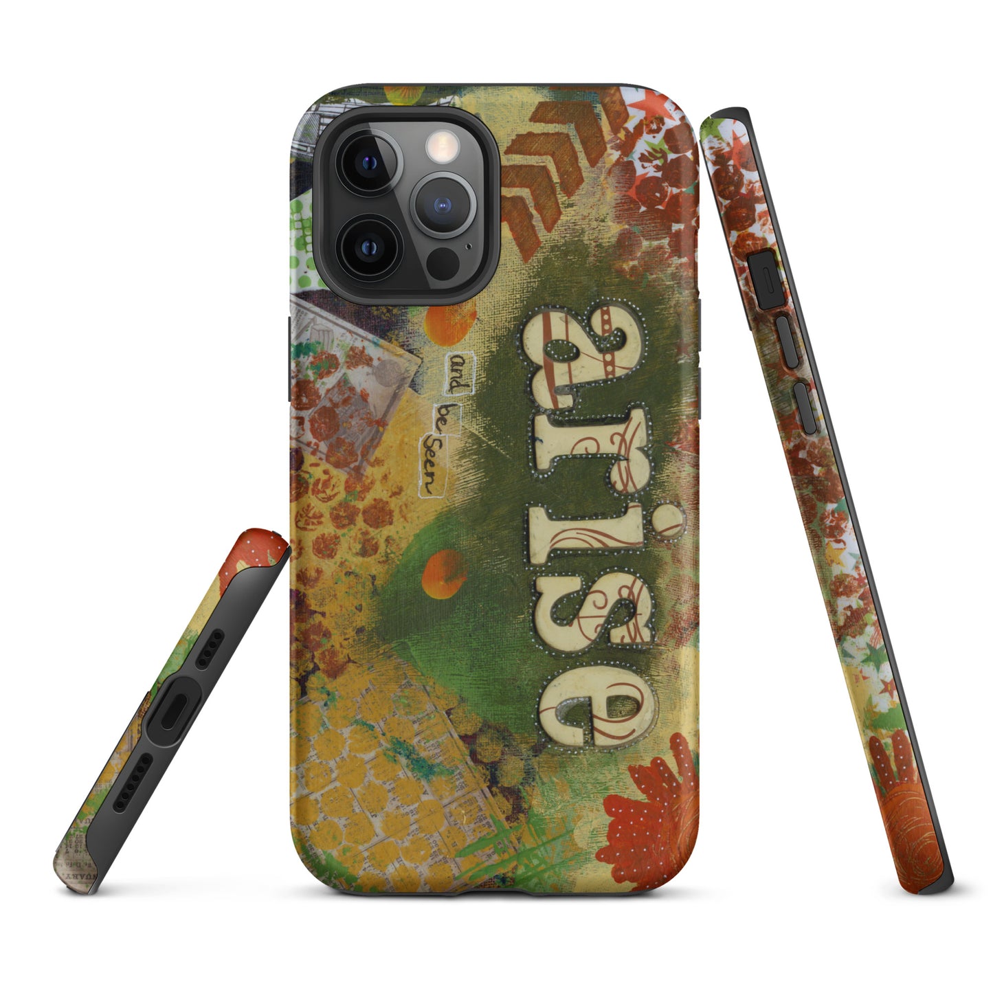 Image of the front, side & bottom views of the Arise and Be Seen artistic phone case.