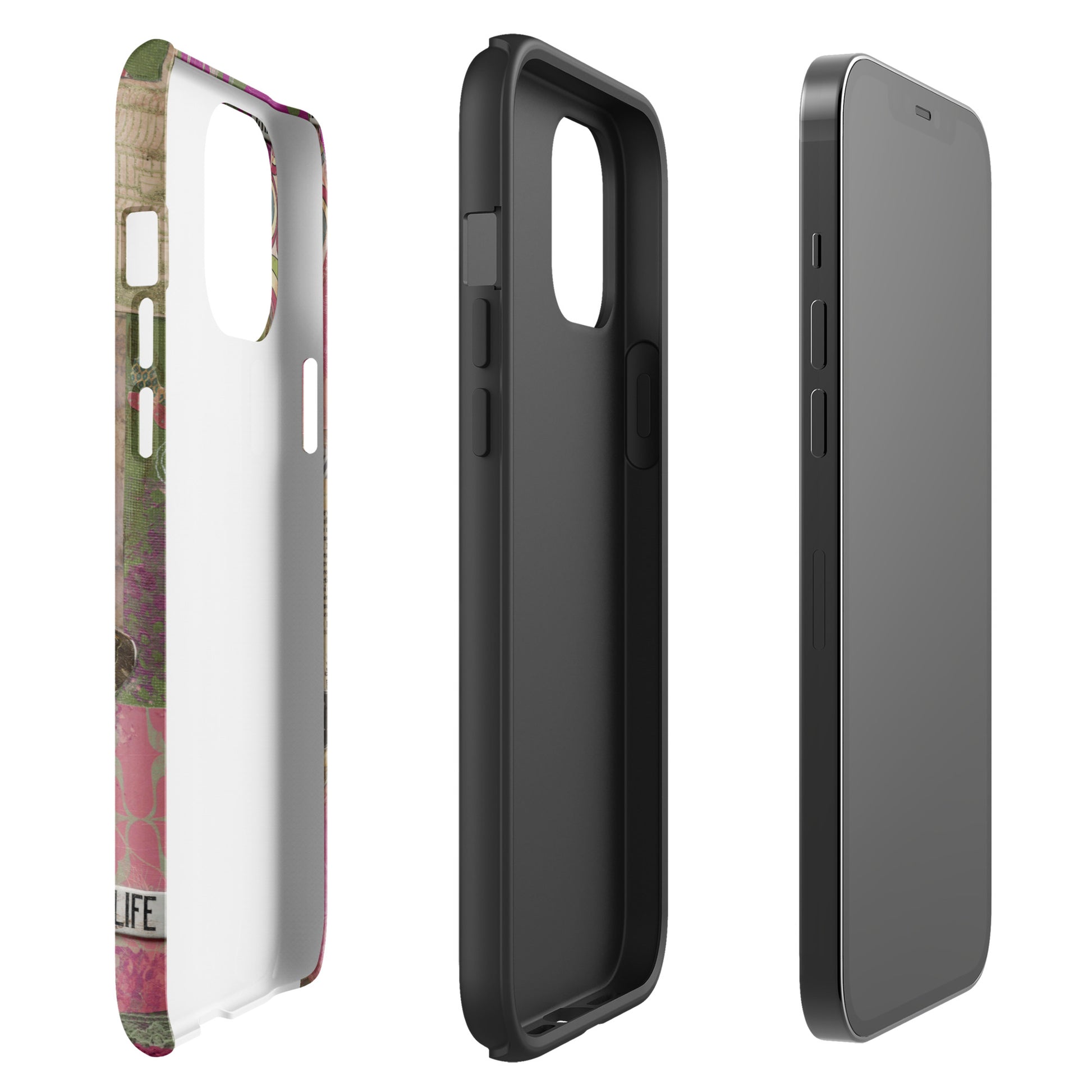 an image of the pink floral butterfly phone case with love this life quote, showing the three layers of protection from the phone case.