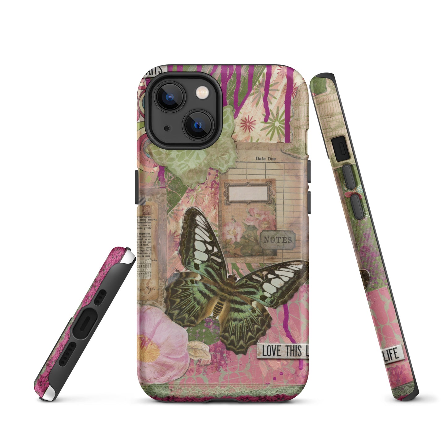 front, side and bottom view of pink floral butterfly phone case with love this life quote