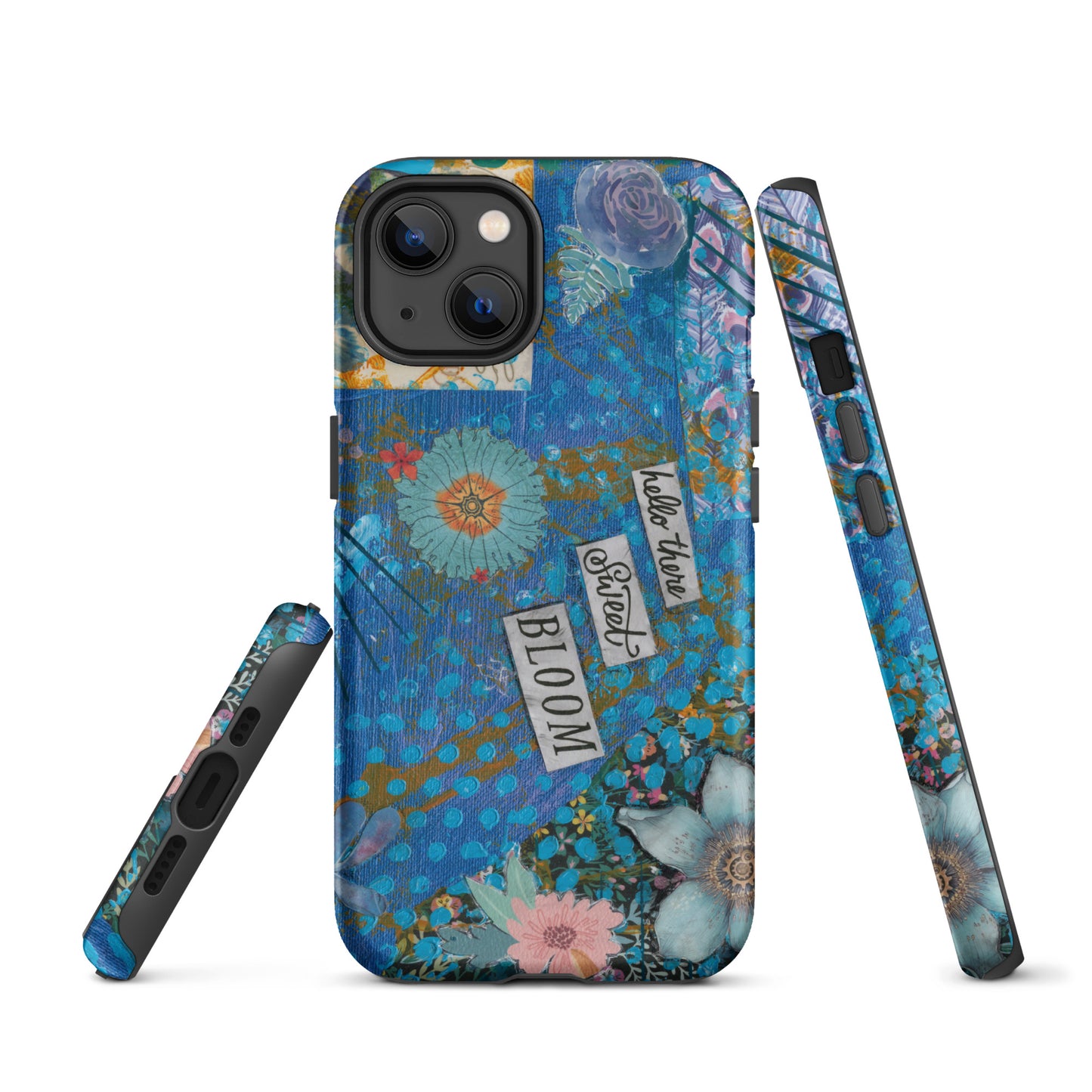 A front, side and bottom image of the blue floral phone case with hello there sweet bloom quote.
 